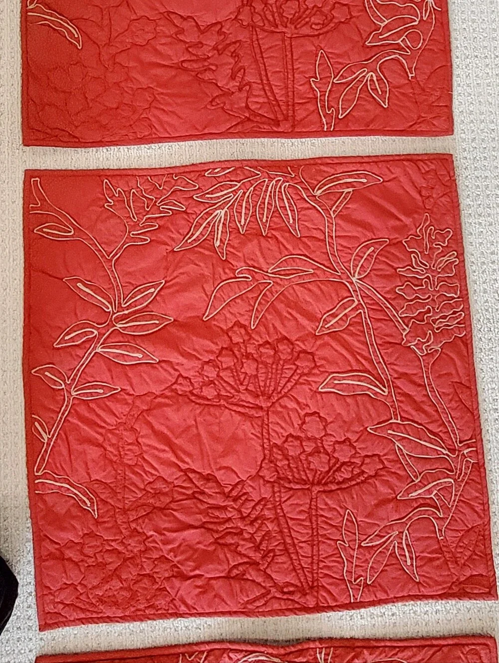 3 Pottery Barn Brick/Tan Organic Cotton Crewel Leaf Botanical Quilted Euro Shams